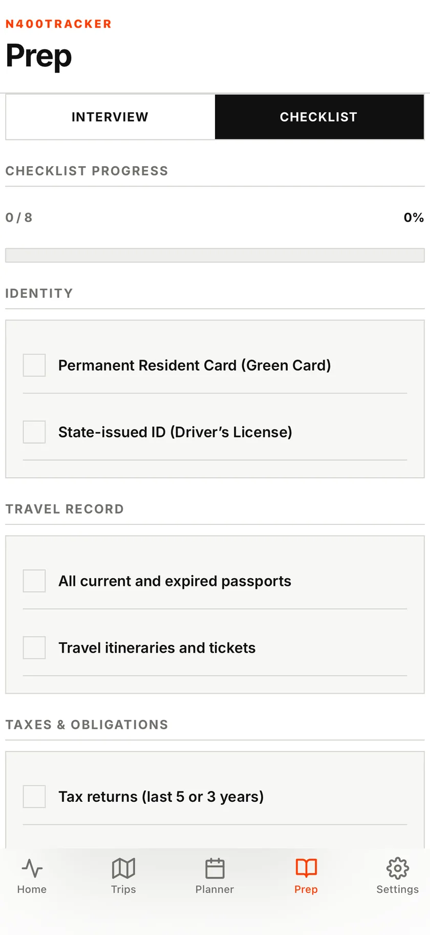 Interview document checklist with identity and travel records
