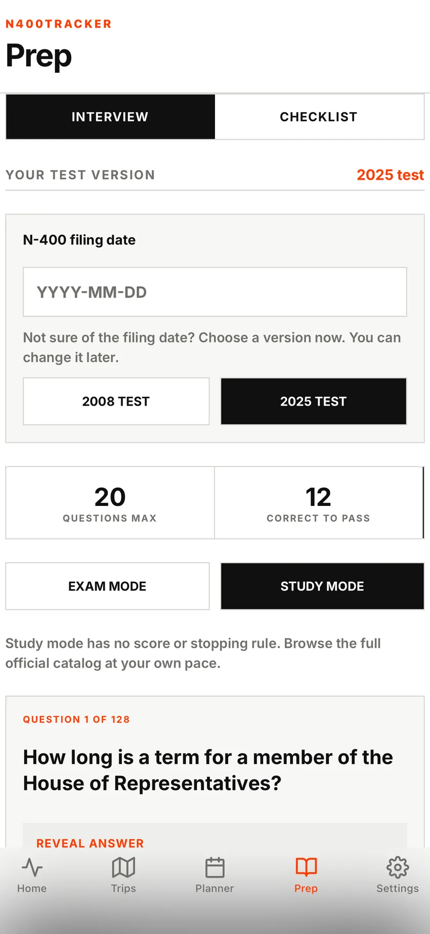 Civics test practice in study mode with an official USCIS question