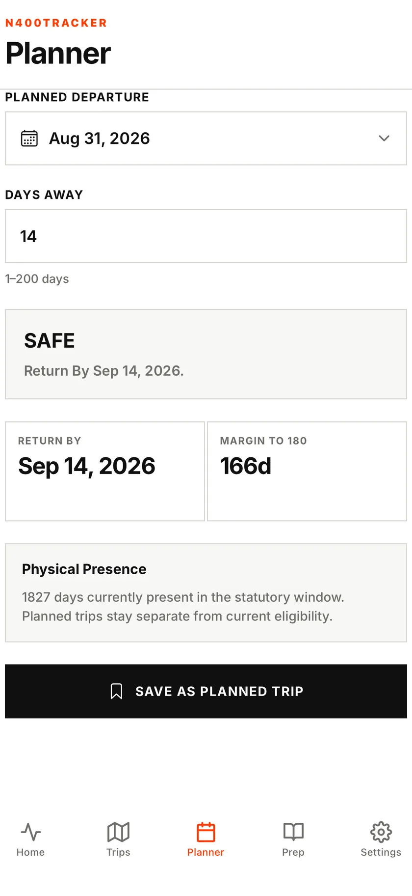 Trip planner showing return by date and margin to 180 days