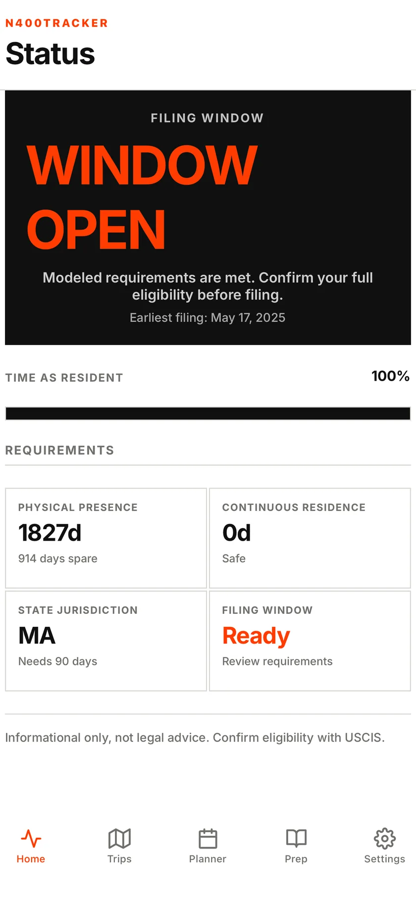 N400Tracker status screen showing the filing window open, physical presence days and continuous residence