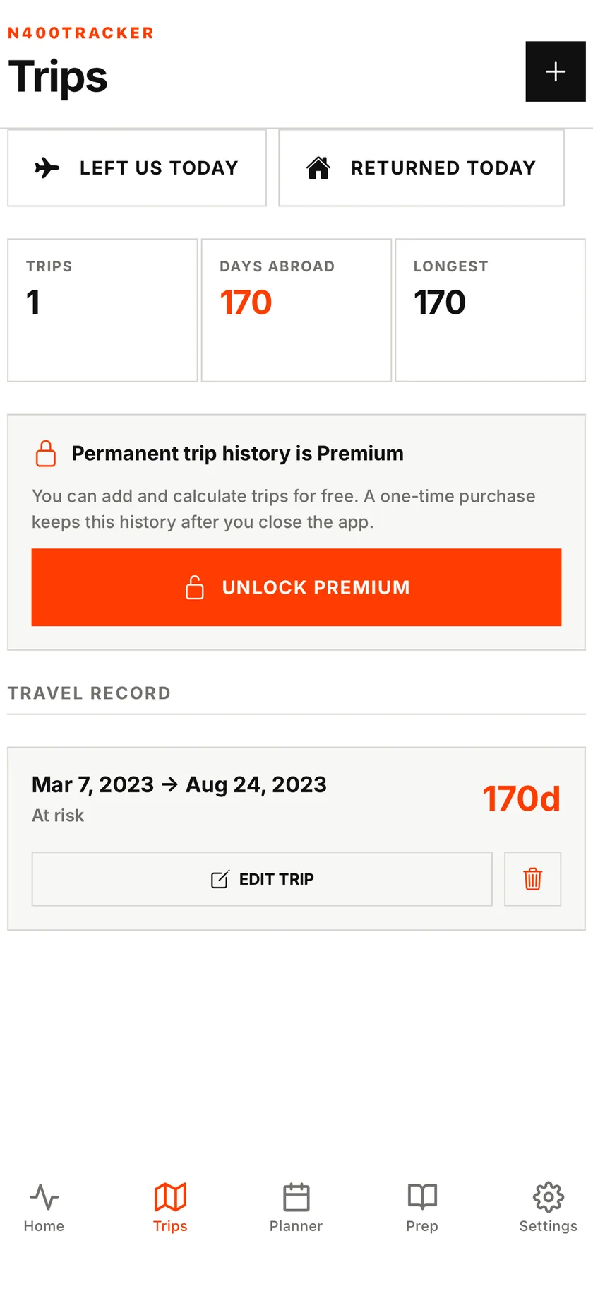 Trip log with days abroad and a 170 day trip marked at risk